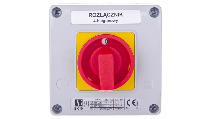 Łącznik krzywkowy 0-1 10A 4P w obudowie żółto-czerwony SK10-2.8210OB12ZC