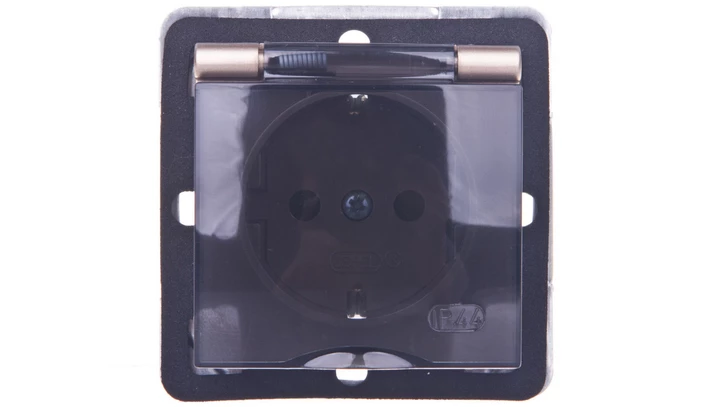 IMPRESJA Gniazdo bryzgoszczelne z/u Schuko IP44 z przesłonami klapka przezroczysta złoty metalik GPH-1YSP/m/28/d