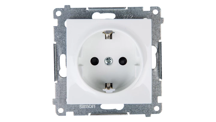 Simon 54 Gniazdo pojedyncze SCHUKO z/u 16A IP20 z przesłoną torów, szybkozłącza, białe DGSz1CZ.01/11