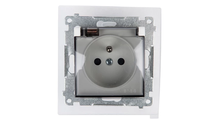 Simon 54 Gniazdo bryzgoszczelne z/u IP44 z klapką transparentną białe DGZ1BZ.01/11A