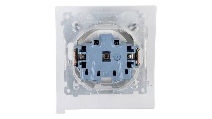 Simon 54 Gniazdo bryzgoszczelne z/u IP44 z przesłoną torów i klapką pełną białe DGZ1BZ.01/11