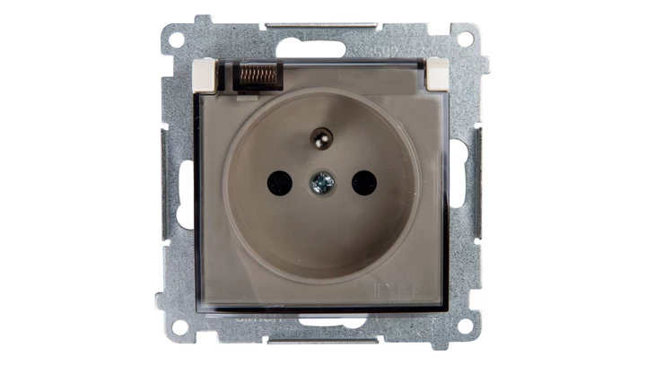 Simon 54 Gniazdo bryzgoszczelne z/u IP44 z klapką transparentną bez uszczelki kremowe DGZ1BUZ.01/41A