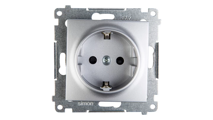 Simon 54 Gniazdo pojedyncze SCHUKO z/u 16A IP20 z przesłoną torów, szybkozłącza, srebrny mat DGSz1CZ.01/43