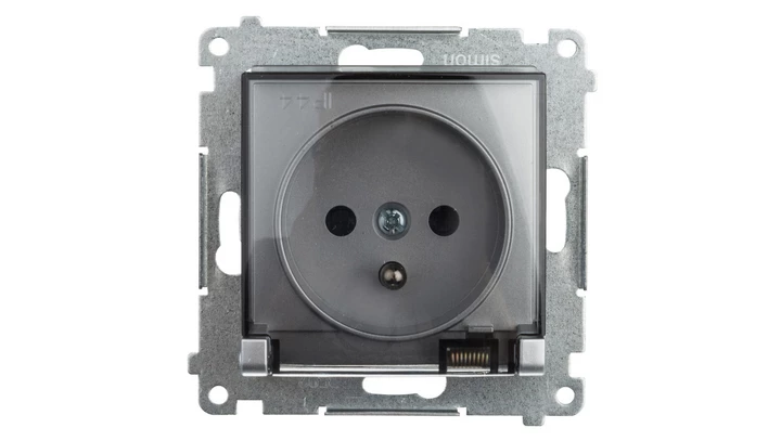 Simon 54 Gniazdo bryzgoszczelne z/u IP44 z klapką transparentną bez uszczelki srebrny mat DGZ1BUZ.01/43A