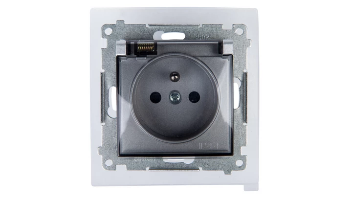 Simon 54 Gniazdo bryzgoszczelne z/u IP44 z przesłoną torów i klapką transparentną srebrny mat DGZ1BZ.01/43A