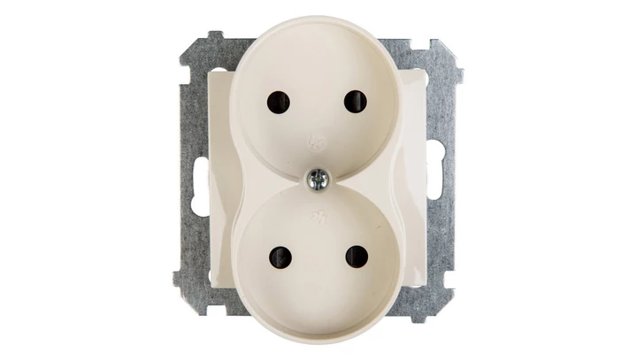Simon 54 Gniazdo podwójne b/u 16A IP20 z przesłoną torów kremowe DG2MZ.01/41