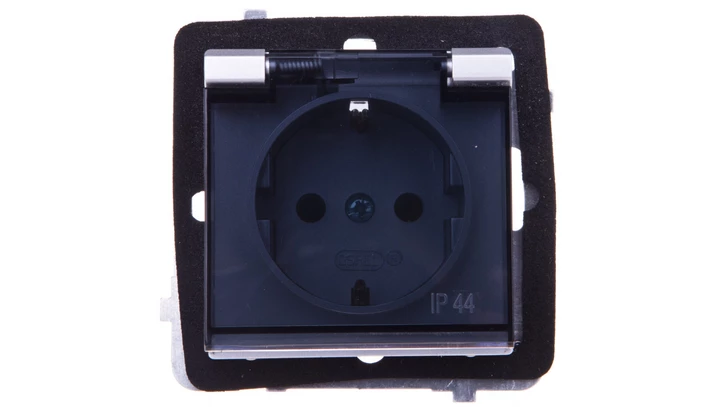 SONATA Gniazdo bryzgoszczelne z/u Schuko IP44 klapka przezroczysta srebro mat GPH-1RS/m/38/d