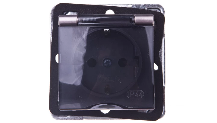 IMPRESJA Gniazdo bryzgoszczelne z/u Schuko IP44 klapka przezroczysta tytan GPH-1YS/m/23/d