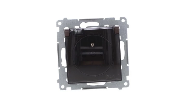 Simon 54 Gniazdo bryzgoszczelne (bez uszczelki) IP44 z przesłoną torów z klapką brąz mat DGZ1BUZ.01/46A