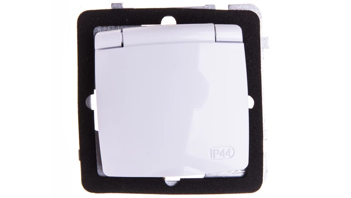 KARO Gniazdo bryzgoszczelne z/u Schuko IP44 z przesłonami klapka biała GPH-1SSP/m/00/w
