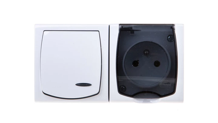 MADERA Łącznik hermetyczny pojedynczy z podświetleniem + gniazdo pojedyncze z/u z klapką przezroczystą biały ZH-NŁ1SG/00/d