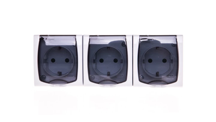 MADERA Gniazdo hermetyczne potrójne z/u Schuko IP44 z przesłonami klapka przezroczysta białe GNH-3NSP/00/d