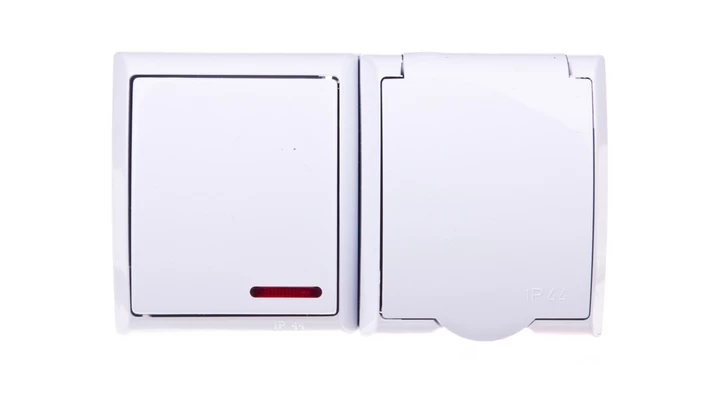 FALA Łącznik hermetyczny pojedynczy z podświetleniem LED + gniazdo hermetyczne pojedyncze z/u z klapką białe ZH-Ł1SG/00/w