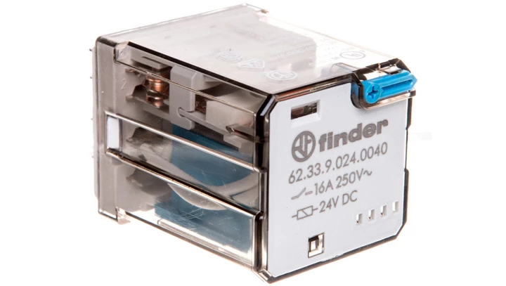 Przekaźnik 3P 16A 24V DC do gniazda lub Faston 187, przycisk testujący, mechaniczny wskaźnik zadziałania 62.33.9.024.0040