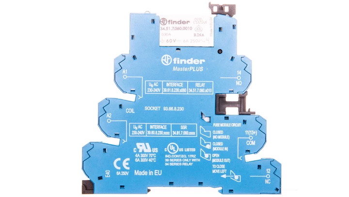 Przekaźnikowy moduł sprzęgający 6,2mm MasterPLUS 1P 6A 220-240V AC styki AgNi zaciski sprężynowe 39.61.8.230.0060