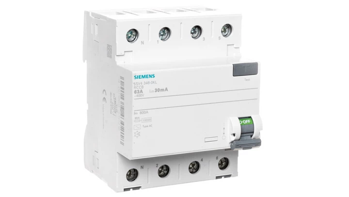 Wyłącznik różnicowoprądowy 4P 63A 0,03A typ AC biegun N-lewe 30mA 400V SENTRON 5SV4346-0KL