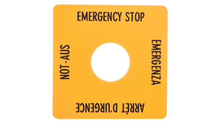 Tabliczka opisowa żółta 50x50mm EMERGENCY STOP SQT1 058874