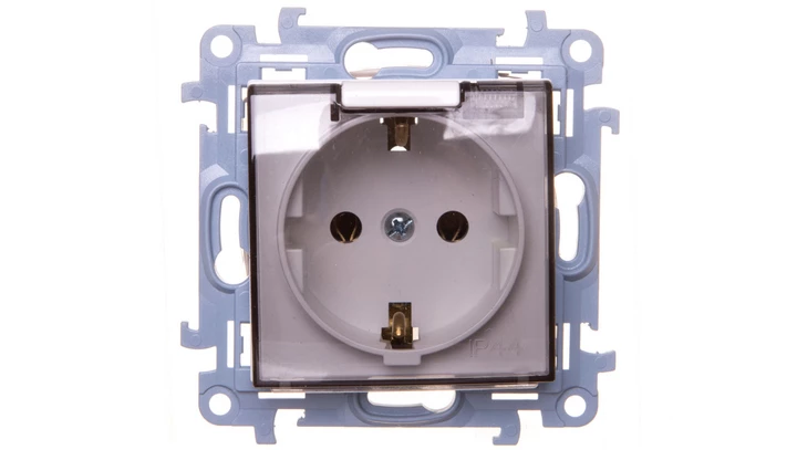 Simon 10 Gniazdo pojedyncze SCHUKO z uszczelką klapka transparetna biała 16A 250V IP44 CGSZ1B.01/11A