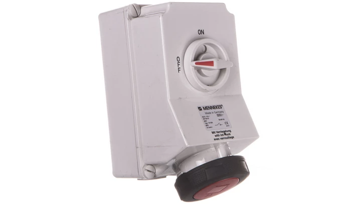 Gniazdo naścienne z rozłącznikiem 63A 5p 6h 400V IP67 z podwójną blokadą mechaniczną MEN5113A