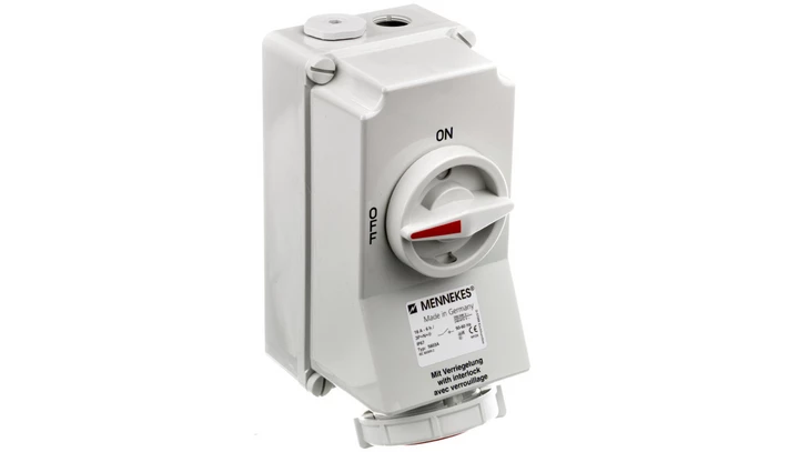 Gniazdo naścienne z rozłącznikiem 16A 5p 6h 400V IP67 z podwójną blokadą mechaniczną MEN5603A