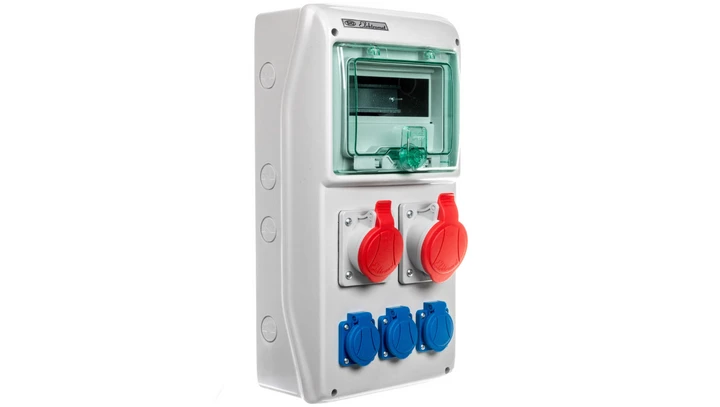 Rozdzielnica budowlana 8 modułow, 1x16A 5P 400V, 1x32A 5P 400V, 3x16A 2P+Z RSS-02 IP44 942020