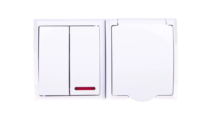 FALA Łącznik hermetyczny świecznikowy z podświetleniem + gniazdo z/u z klapką biały ZH-Ł2SG/00/w