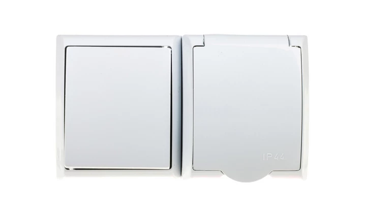 FALA Łącznik hermetyczny pojedynczy + gniazdo z/u Schuko z klapką białe ZH-Ł1GS/00/w