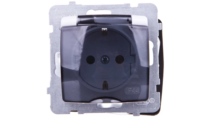 KARO Gniazdo bryzgoszczelne z/u Schuko IP44 z przesłonami klapka przezroczysta białe GPH-1SSP/m/00/d