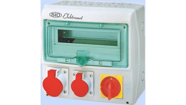 Rozdzielnica RSS-03 z rozłącznikiem 0-1 63A okienko 12 mod okablowana 1x32A 3P+N+Z 400V, 1x16A 3P+N+Z 400V IP44 942037