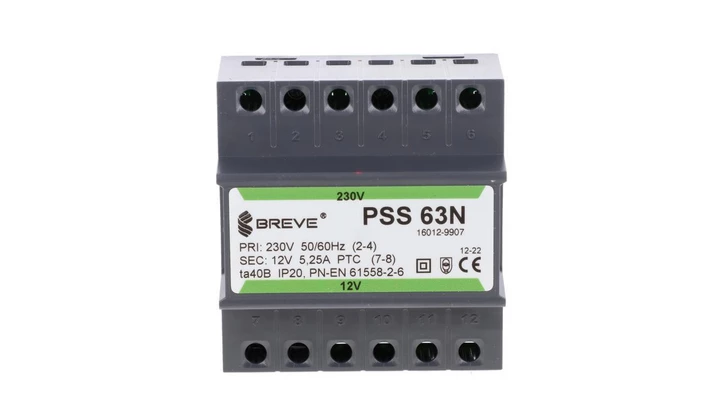 Transformator 1-fazowy modułowy bezpieczeństwa PSS 63N 230/ 12V 5,25A, na szynę DIN, IP20, Ta 40, 16012-9907