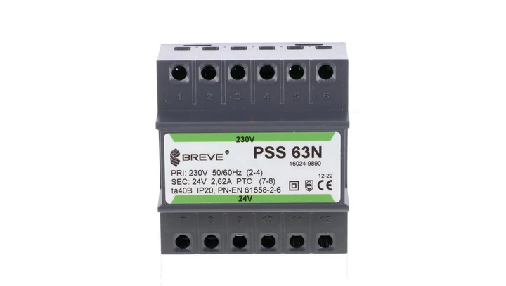 Transformator 1-fazowy modułowy bezpieczeństwa PSS 63N 230/ 24V 2,6A, na szynę DIN, IP20, Ta 40, 16024-9890
