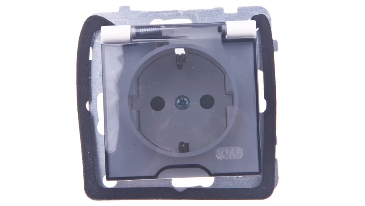 AS Gniazdo bryzgoszczelne z/u Schuko IP44 z przesłonami klapka przezroczysta ecru GPH-1GSP/m/27/d