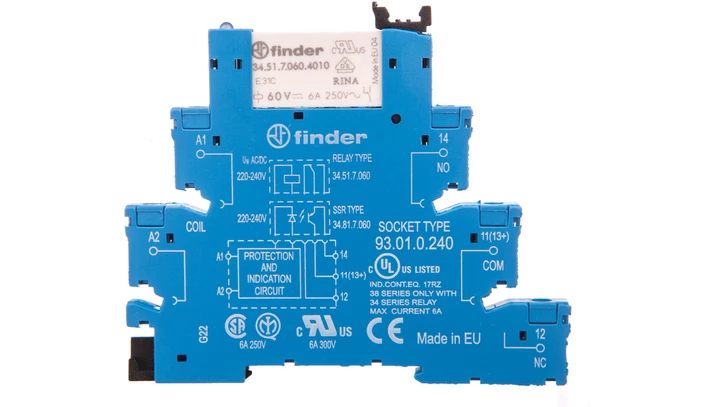 Przekaźnikowy moduł sprzęgający 6,2mm, 1P 6A 220-240V AC/DC, styki AgSnO2, zaciski śrubowe, szyna DIN 38.51.0.240.4060