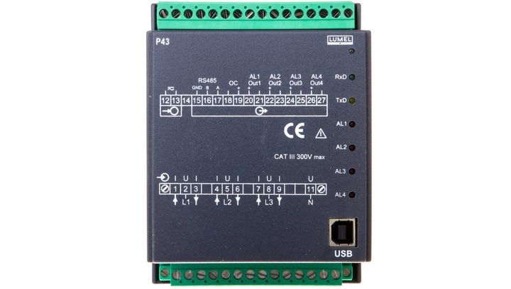 Programowalny przetwornik sieci 3-fazowej wejście I 5A wejście U 3x57,7/100V zasilanie 85-253V AC 90-320V DC wyjście 4 analog. P