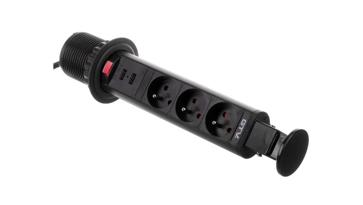 Biurkowy przedłużacz wpuszczany fi 60mm czarny 3x gniazdo z uziemieniem 2xUSB 2,1A 5V AE-BPW3U60U-20