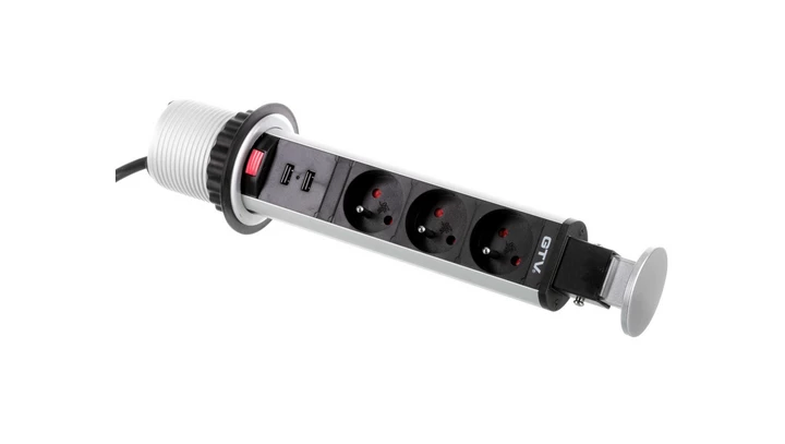 Biurkowy przedłużacz wpuszczany fi 60mm srebrny 3x gniazdo z uziemieniem 2xUSB 2,1A 5V AE-BPW3U60U-80