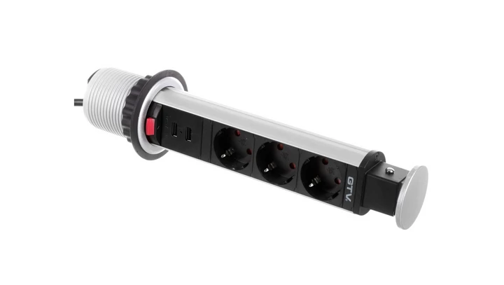 Biurkowy przedłużacz wpuszczany 60mm, 3x schuko, 2xUSB 2,1A 5V (srebrny)