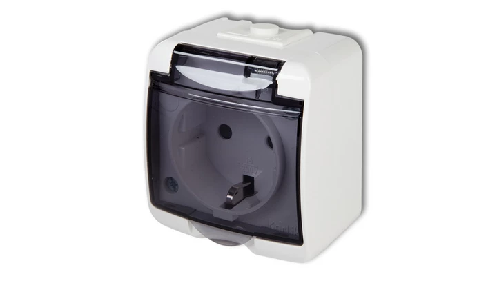 JUNIOR Gniazdo pojedyncze z/u SCHUKO (klapka dymna) biały GHE-1sd