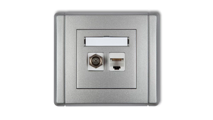FLEXI Gniazdo antenowe pojedyncze typu F (SAT) + gniazdo komputerowe pojedyncze 1xRJ45 kat. 5e 8-stykowe srebrny metalik 7FGFK-1