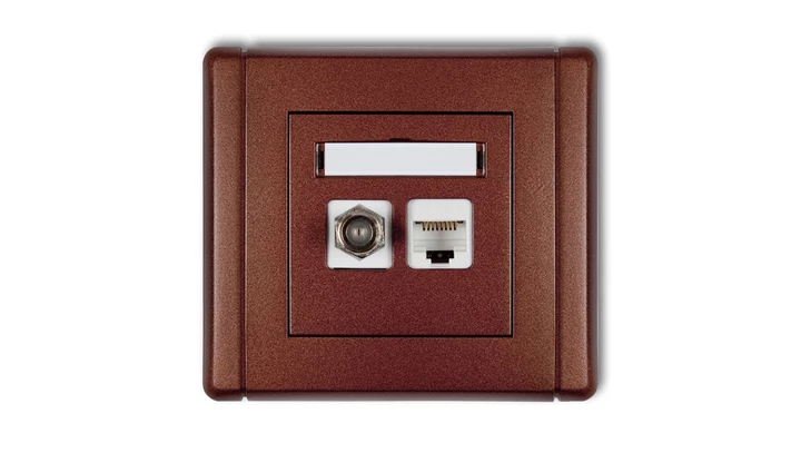 FLEXI Gniazdo antenowe pojedyncze typu F (SAT) + gniazdo komputerowe pojedyncze 1xRJ45 kat. 5e 8-stykowe brązowy metalik 9FGFK-1