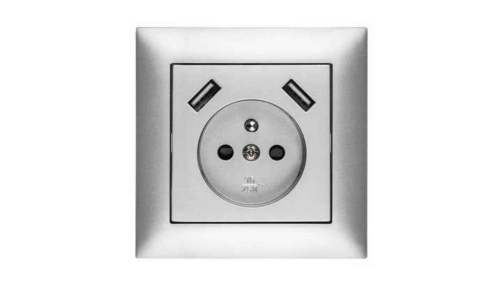 Sentia Gniazdo pojedyncze z/u 16A z USB 2x2,1A 5VDC z przesłonami i ramką srebrne GPT 2P+Z 2xUSB 1488-06
