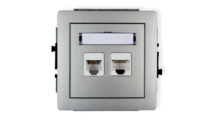 DECO Gniazda telefoniczne pojedyncze 1xRJ11 + komputerowego pojedynczego 1xRJ45, kat. 5e, 8-stykowy, beznarzędziowe srebrny meta