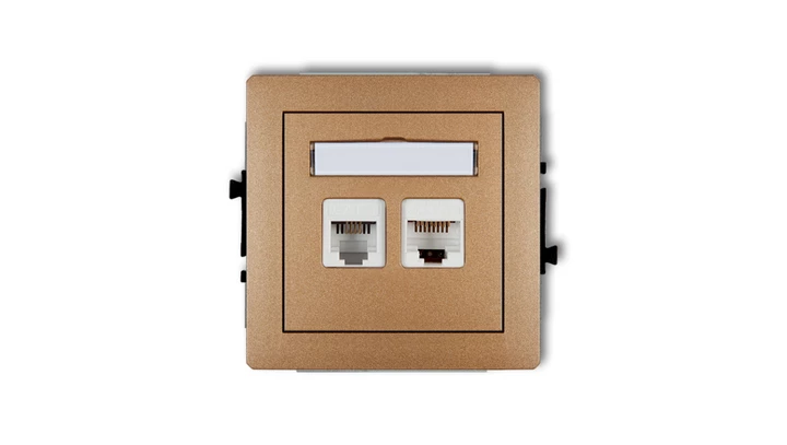 DECO Gniazda telefoniczne pojedyncze 1xRJ11 + komputerowego pojedynczego 1xRJ45, kat. 5e, 8-stykowy, beznarzędziowe złoty metali