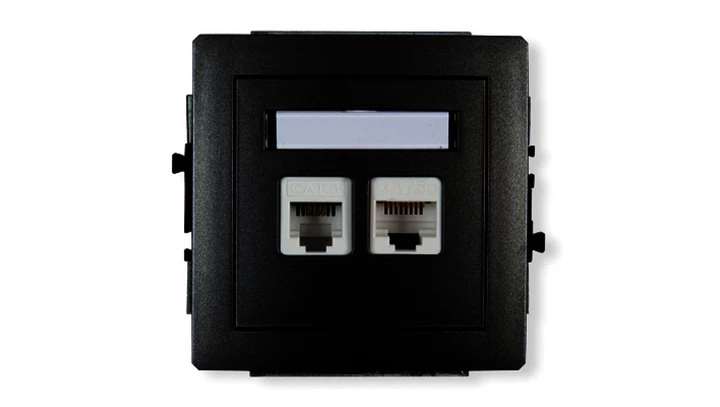 DECO Gniazda telefoniczne pojedyncze 1xRJ11 + komputerowego pojedynczego 1xRJ45, kat. 5e, 8-stykowy, beznarzędziowe czarny mat 1