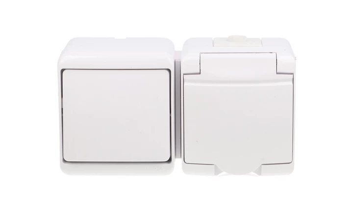 JUNIOR Łącznik jednobiegunowy + gniazdo hermetyczne (klapka biała) biały IP54 WGHH-1