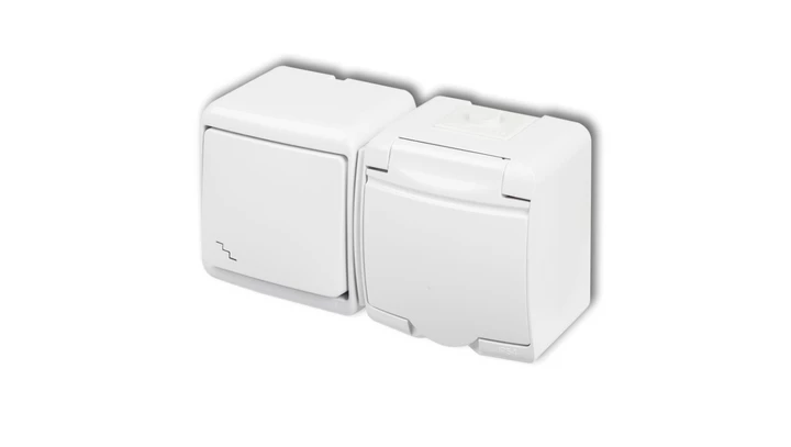 JUNIOR Łącznik schodowy + gniazdo hermetyczne (klapka biała) biały WGHH-3