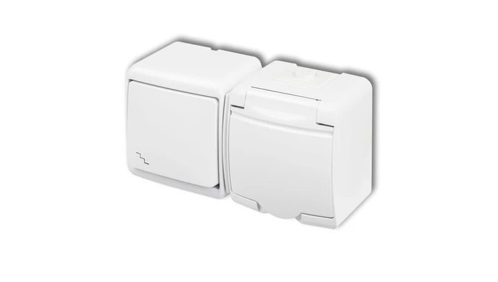 JUNIOR Łącznik schodowy + gniazdo hermetyczne SCHUKO (klapka w kolorze obudowy) biały WGHH-3s