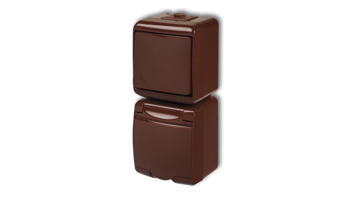 JUNIOR Łącznik schodowy + gniazdo hermetyczne (klapka brązowa) brązowy 4WGHP-3