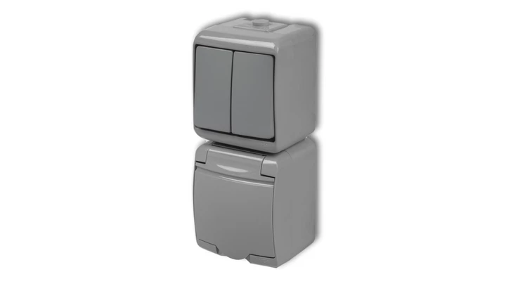 JUNIOR Łącznik świecznikowy + gniazdo hermetyczne (klapka popielata) popielaty 10WGHP-2