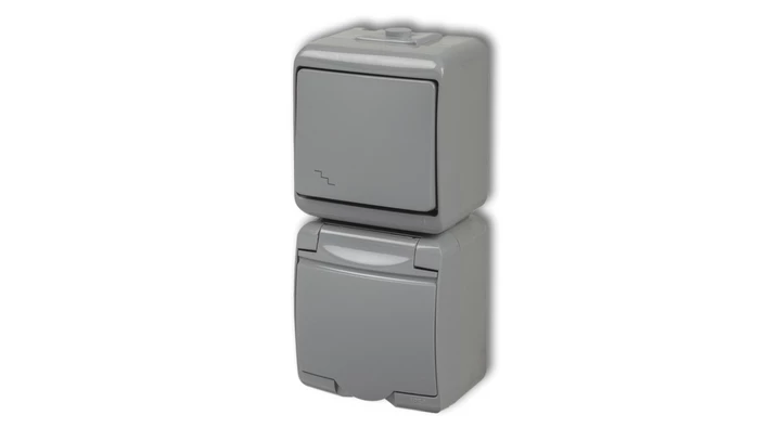 JUNIOR Łącznik schodowy + gniazdo hermetyczne (klapka popielata) popielaty 10WGHP-3